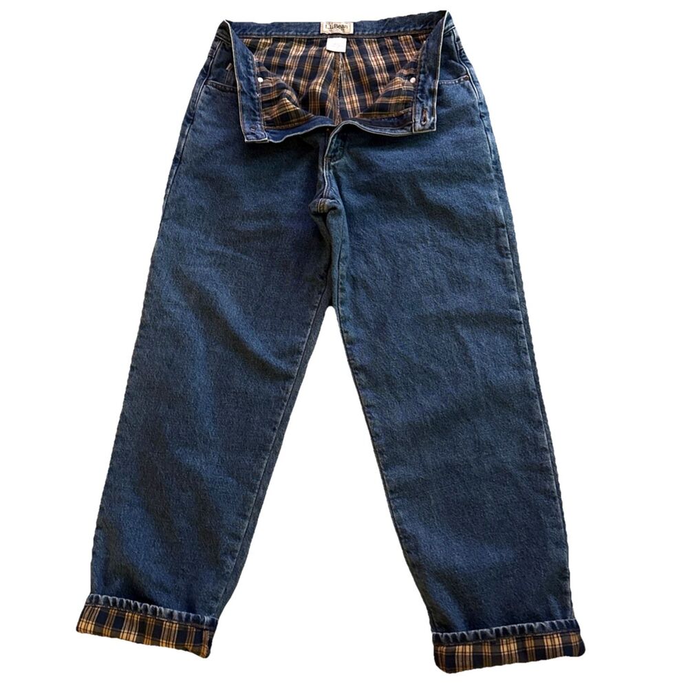 LL Bean Relaxed Fit Plaid Flannel Lined Jeans Mens Sz 34x32 100% Cotton Denim